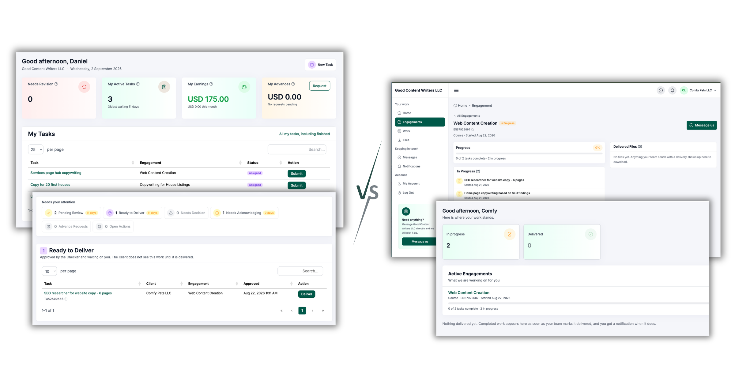 The internal workspace beside the Client Portal view of the same Engagement