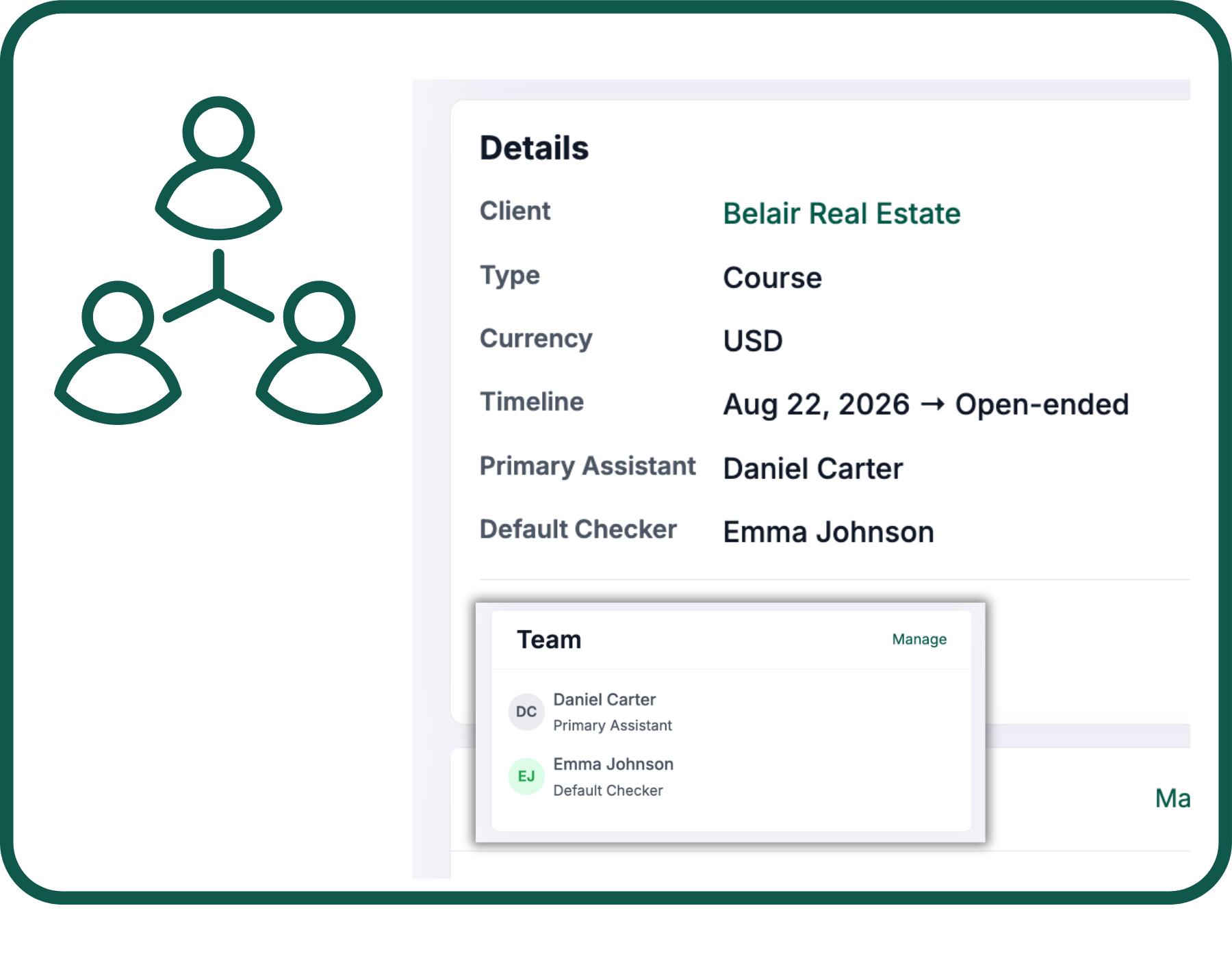 An Engagement team showing a Primary Assistant, a Default Checker and additional members